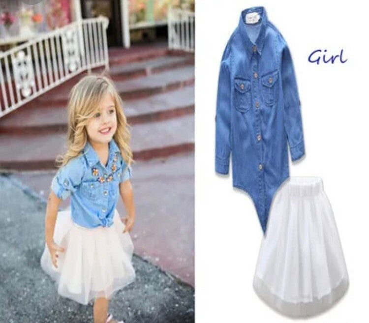 Denim Shirt With White Short Skirt