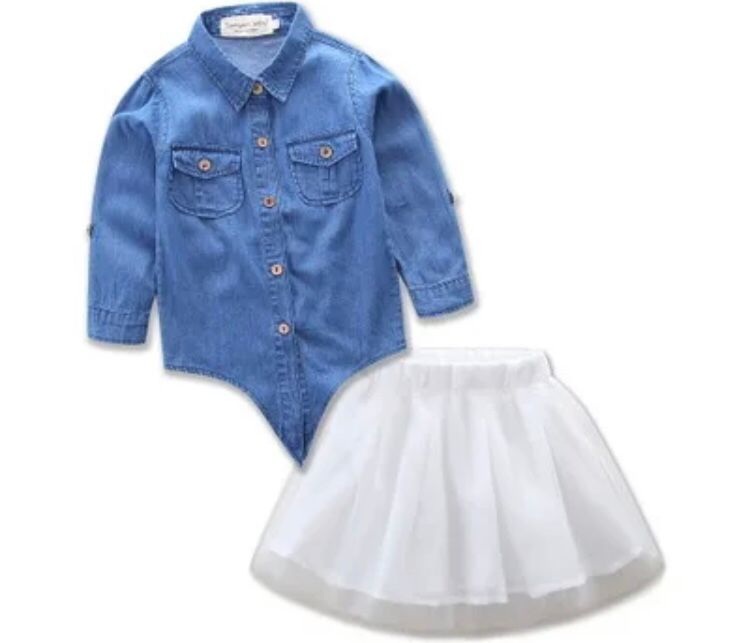 Denim Shirt With White Short Skirt
