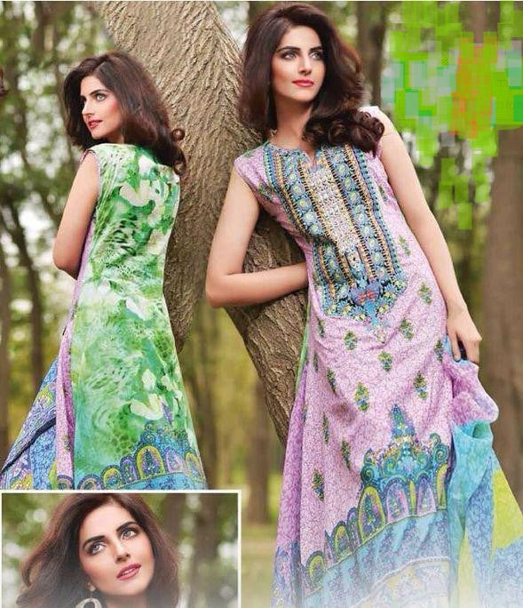 Lavender With Green Print Pakistani Lawn Suit Fabric