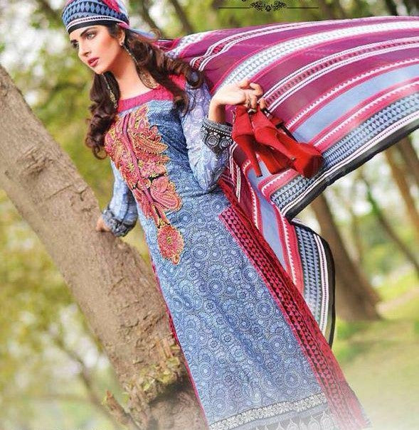Blue Red With Geometric Print Pakistani Lawn Suit Fabric