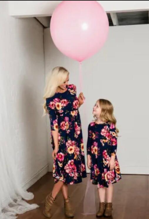 Navy Blue Floral Printed Midi Dress