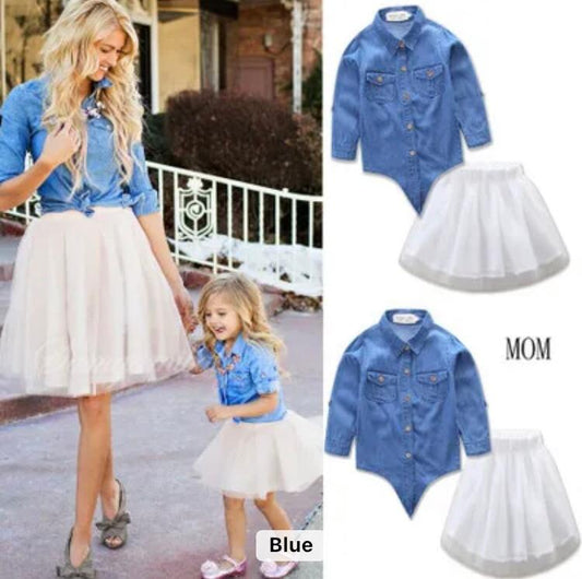 Denim Shirt With White Short Skirt