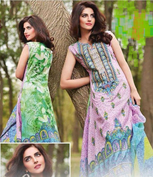 Lavender With Green Print Pakistani Lawn Suit Fabric