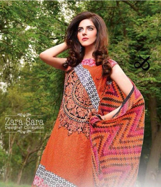 Rust With Floral Print Pakistani Lawn Suit Fabric