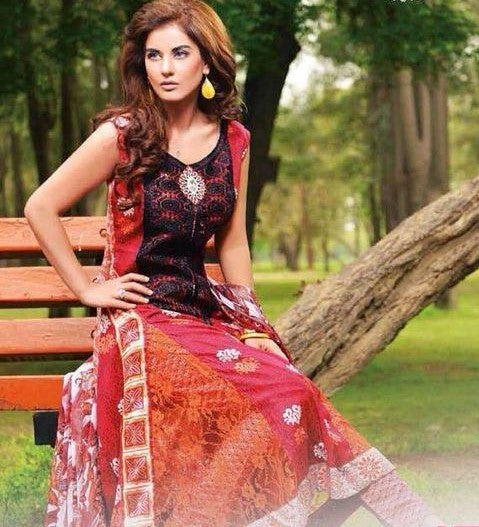 Brick Red With Floral Print Pakistani Lawn Suit Fabric