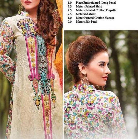 Cream With Multi Floral Print Pakistani Lawn Suit Fabric