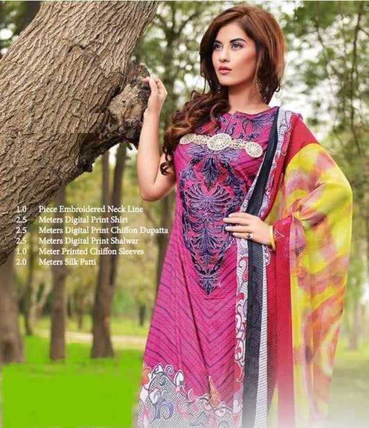 Pink With Multi Print Pakistani Lawn Suit Fabric