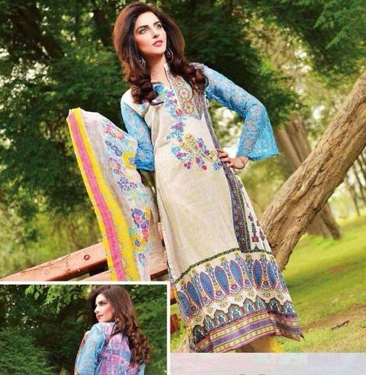 Cream With Light Blue Print Pakistani Lawn Suit Fabric